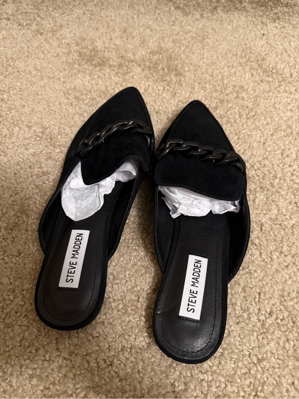 Steve Madden Black Chain-Embellished Pointed-Toe Suede Mules sz 9